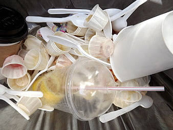 Top view of plastic waste in a trash bin