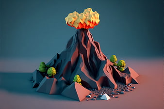 3D Low Poly Volcano Eruption with Lava and Trees