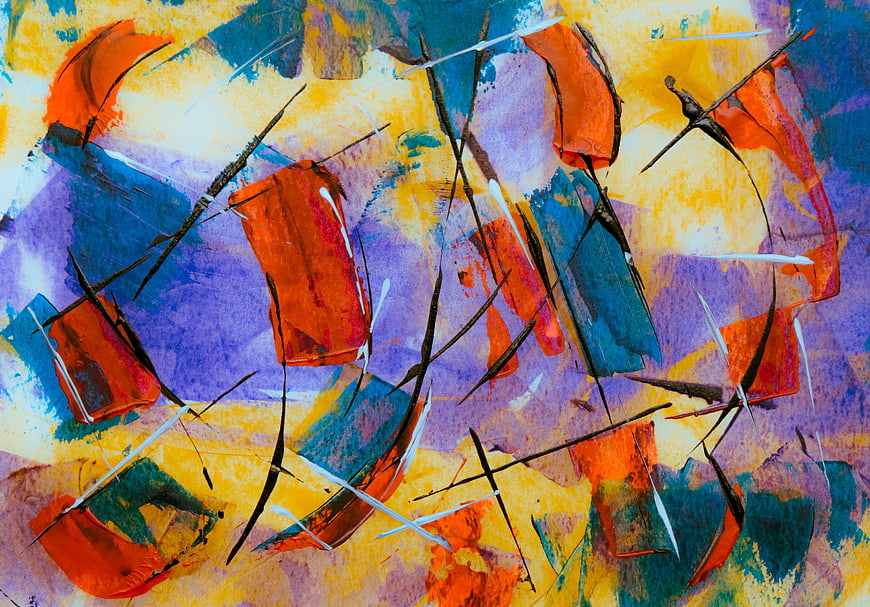 Abstract colorful painting with vibrant orange, blue, and purple brushstrokes