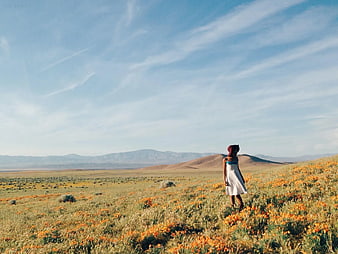 Woman in White Dress Standing in Orange Poppy Field