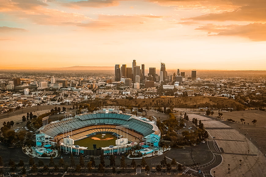 Aerial View of Dodger Stadium and Los Angeles Skyline at Sunset