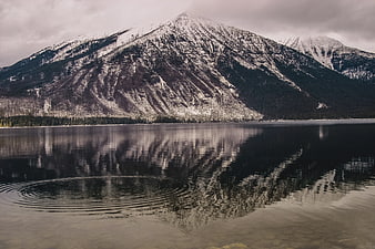 Snowy Mountain Reflection in Calm Lake Water
