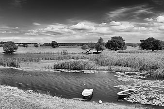 Black and white landscape of two boats in a marshy river