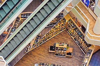 High angle view of wine shop under escalator