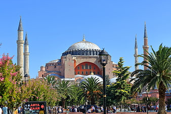 Hagia Sophia Istanbul Turkey with Minarets and Palm Trees