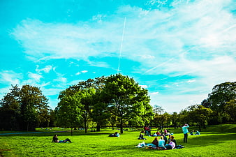 People relaxing on grass in London park under blue sky