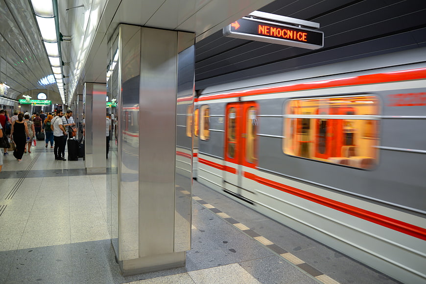 Motion blur subway train arriving at Prague metro station platform