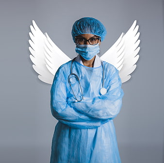 Medical professional with angel wings in blue scrubs