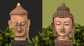 Two Buddha Heads on Pedestals with Green Leaves