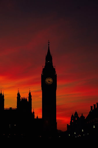 Big Ben Silhouette Against Dramatic Red Sunset Sky