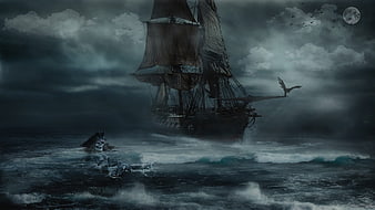 Dark Fantasy Pirate Ship In Stormy Ocean With Ghostly Figure
