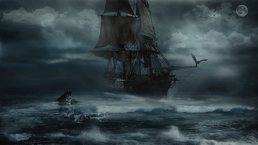 Dark Fantasy Pirate Ship In Stormy Ocean With Ghostly Figure