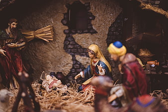 Traditional Nativity Scene with Mary, Joseph, and Baby Jesus