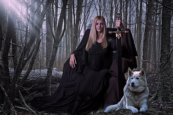 Gothic Fantasy Woman Warrior with Sword and White Wolf in Forest