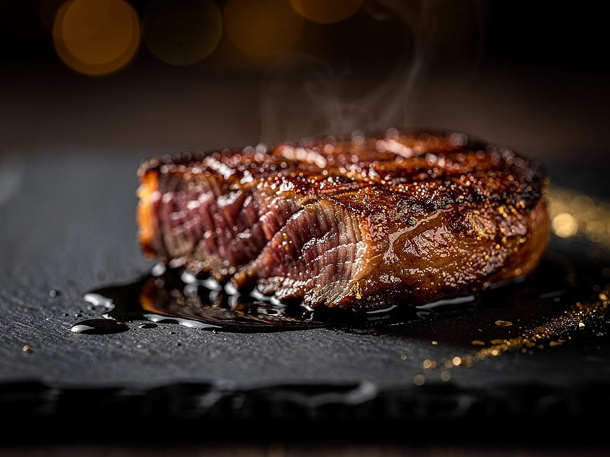 Sizzling Grilled Steak on Slate with Steam and Bokeh