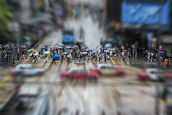 Tilt-shift miniature effect of busy Hong Kong street crossing
