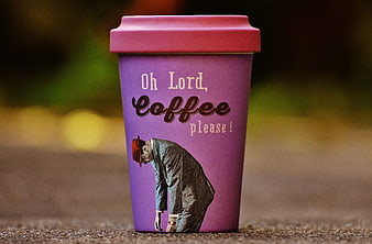Purple coffee cup with humorous text and vintage illustration