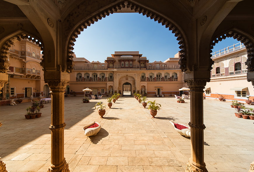 Chomu Palace Courtyard View Through Arched Colonnade In Rajasthan India