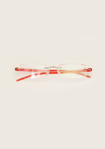 Red Rimless Eyeglasses on White Background
