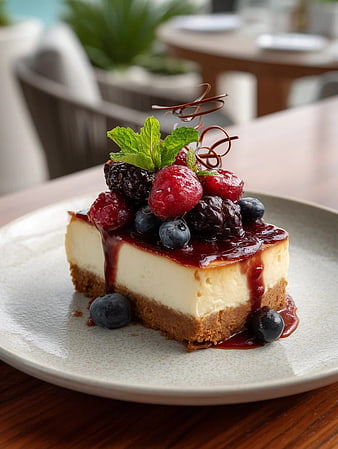 Gourmet Cheesecake Slice with Mixed Berries and Mint Garnish