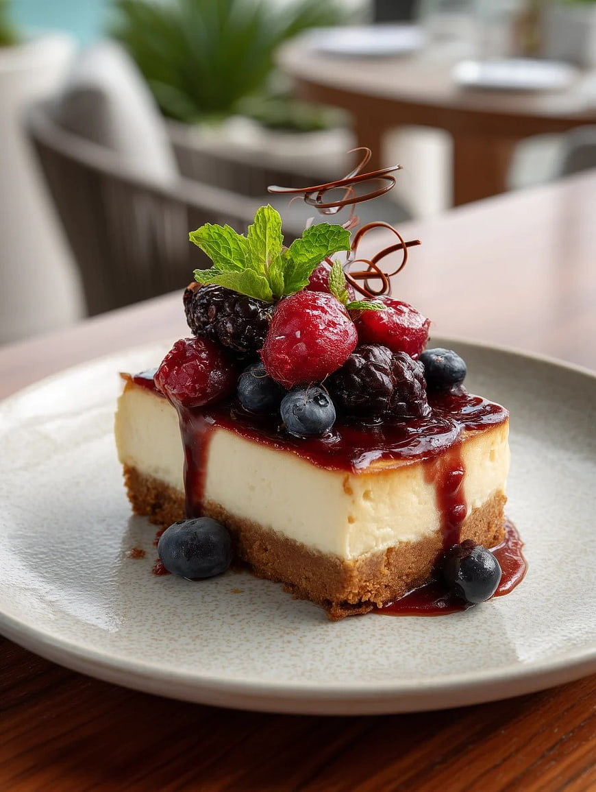 Gourmet Cheesecake Slice with Mixed Berries and Mint Garnish