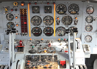 Vintage Military Aircraft Cockpit Instrument Panel With Analog Gauges