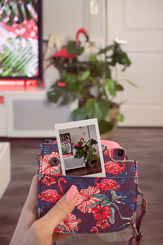 Hand holding flamingo pattern camera bag with instant photo