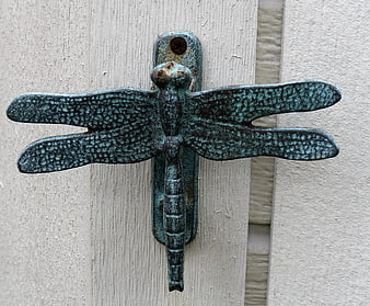 Vintage Patina Dragonfly Door Knocker on Wooden Door