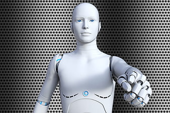 Futuristic white android robot with blue eyes reaching forward