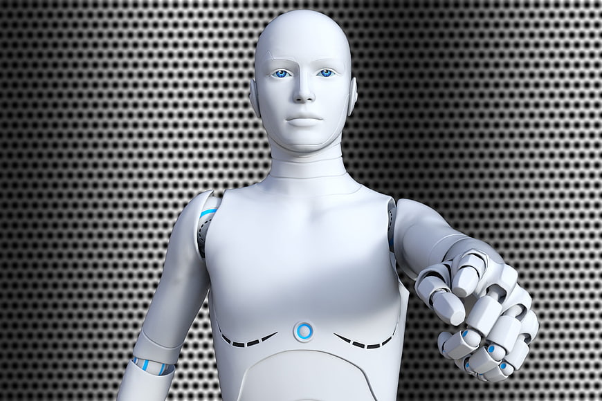 Futuristic white android robot with blue eyes reaching forward