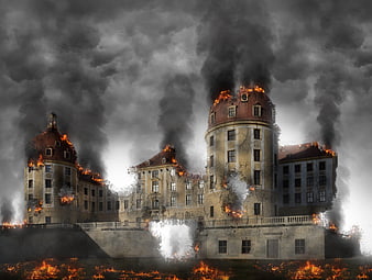 Apocalyptic burning castle ruins with thick smoke