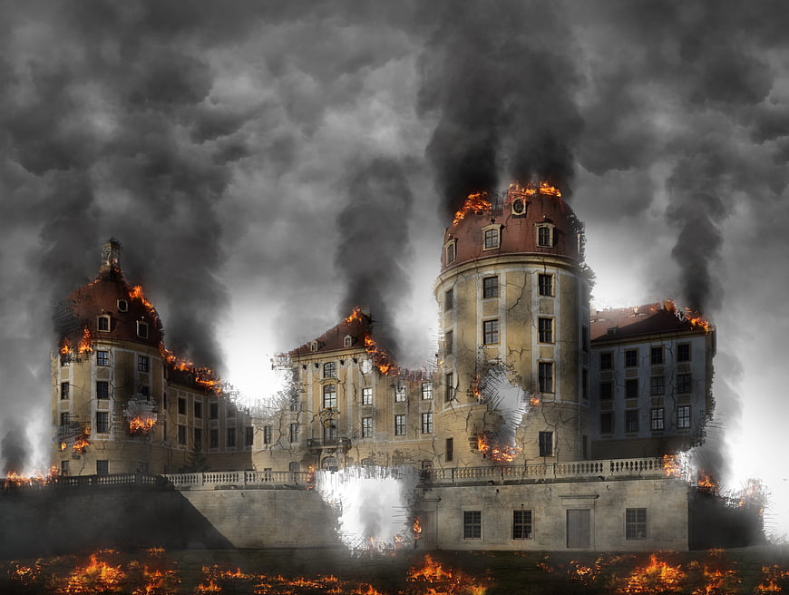 Apocalyptic burning castle ruins with thick smoke