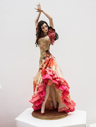 Designer Porcelain Doll in Flamenco Dress on White Pedestal