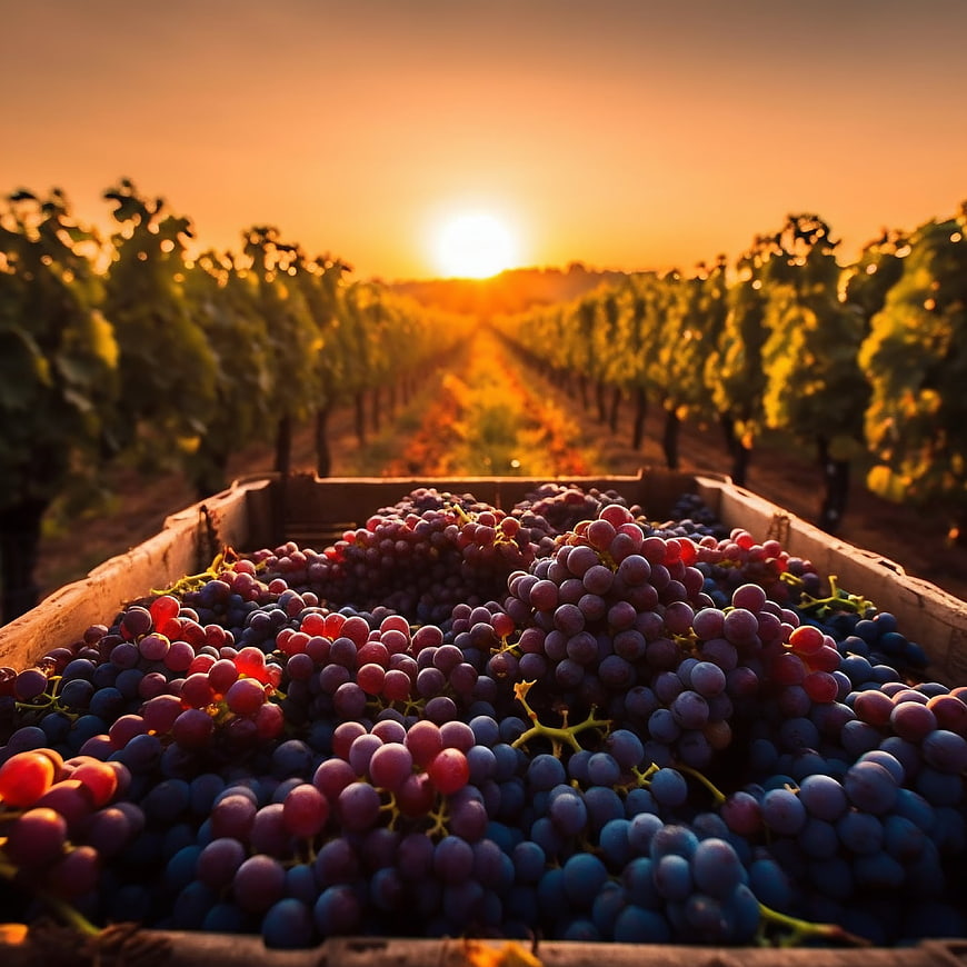 Fresh Red Grapes in Wooden Crate at Vineyard Sunset