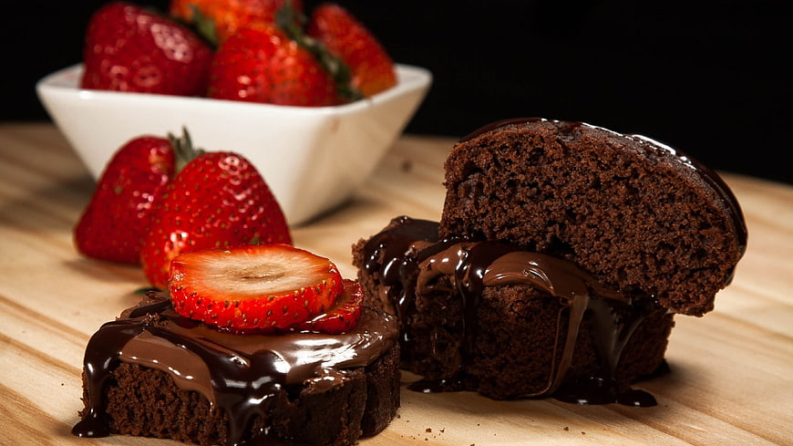 Chocolate Lava Cake with Fresh Strawberries on Wooden Board