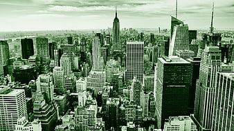 Aerial View of New York City Skyline in Green Tint