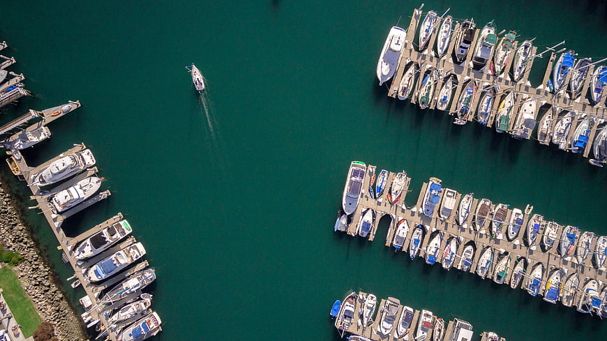 Aerial View of Luxury Yachts Docked in a Marina