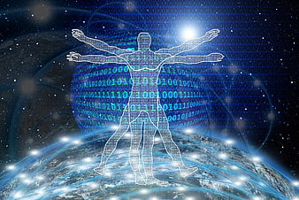 Digital Vitruvian Man Concept With Binary Code And Global Network