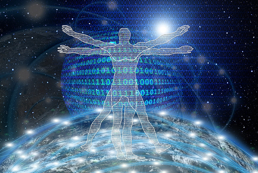 Digital Vitruvian Man Concept With Binary Code And Global Network