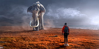 Surreal giant mammoth facing hiker on moorland