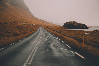 Wet asphalt road winding through misty coastal mountains