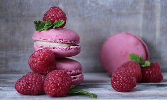 Pink Raspberry Macarons with Fresh Berries and Mint