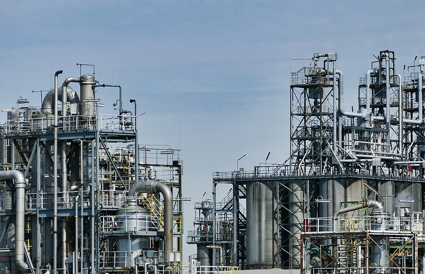 Industrial Oil Refinery Complex With Steel Structures And Piping