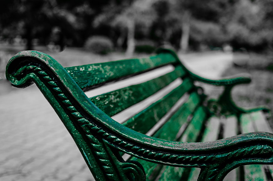 Green Park Bench with Selective Color and Blurred Background