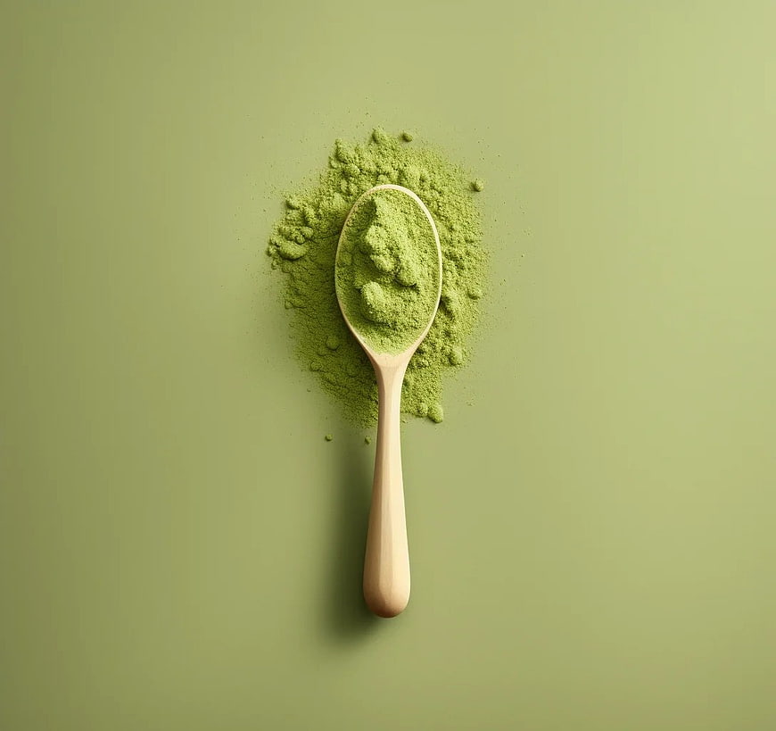 Top View of Matcha Powder on Wooden Spoon