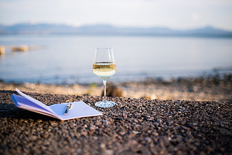 Glass of white wine and notebook on rocky shore