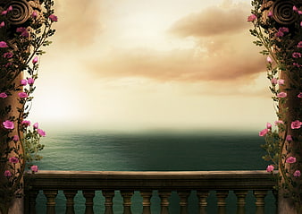 Romantic Balcony View of Ocean Sunset with Pink Roses