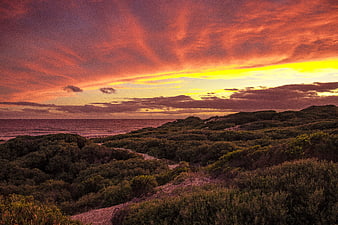 Dramatic Sunset Over Coastal Dunes and Ocean