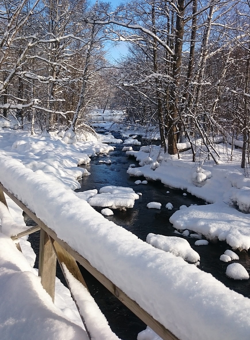 Snowy wooden bridge over a winter stream in a forest