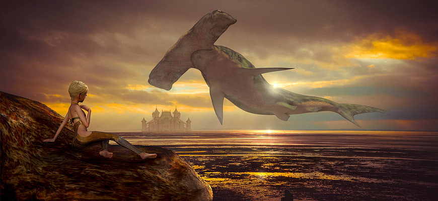 Surreal Fantasy Scene With Flying Hammerhead Shark And Girl